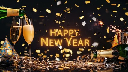Happy New Year celebration featuring champagne pouring into flutes with confetti falling. Happy New Year mood captured with celebration elements like golden glitter and festive hats, - Powered by Adobe