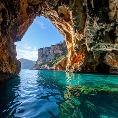 Cave entrance overlooking turquoise sea