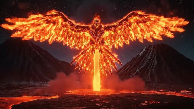 Majestic fiery phoenix rising from volcanic landscape, symbolizing rebirth and power.
