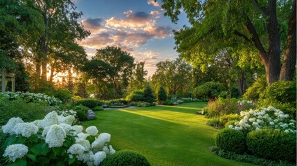 A beautiful garden with a large white bush in the foreground. The garden is full of white flowers and green grass. The sky is blue and the sun is setting, creating a warm and peaceful atmosphere