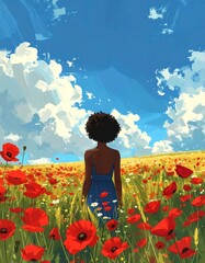 Woman in a blue dress walks through a vibrant poppy field under a sunny sky