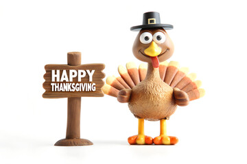 3D cartoon turkey wearing a pilgrim hat standing next to a Happy Thanksgiving sign