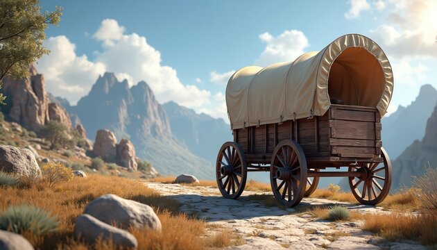 Wooden horse-drawn covered wagon sits on rocky path in mountainous landscape. Vehicle large spoked wheels, canvas top. Evokes sense of historical travel, exploration. Perfect for western themes.