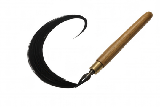 Calligraphy pen with a wooden handle and metal nib creating a decorative ink flourish, highlighting artistic writing