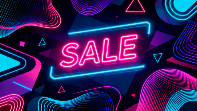 Bright neon sale announcement in a vibrant abstract design with geometric shapes and colorful lines