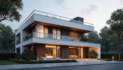 Fototapeta premium Modern luxury house with clean lines. Contemporary villa features multiple levels, balconies with glass railings, expansive windows. Exterior mix of white, wood paneling, set against green trees,