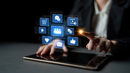 Icons representing social media interaction, communication, and engagement. Social media builds community, social media drives connection, and social media influences behavior. Latch