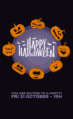 Minimal Halloween poster with cartoon pumpkins and text layout, purple and orange color palette