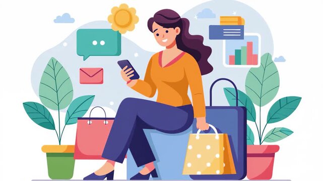 A woman sitting on a stack of suitcases, focused on her smartphone screen, a woman shopping online using her mobile phone, Simple and minimalist flat 2d Animation