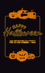 Happy halloween cute invitation with funny cartoon carved pumpkins, vintage retro style