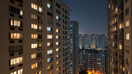 Fototapeta premium Urban Dwellings: Night view of towering apartment buildings, windows glowing with warm interior lights, set against a dusky cityscape.