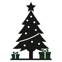 Decorated Christmas tree with star and wrapped gifts black and white vector on white background.