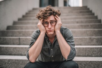 Stressed Young Man Sitting on Steps – Mental Health and Student Anxiety Concept