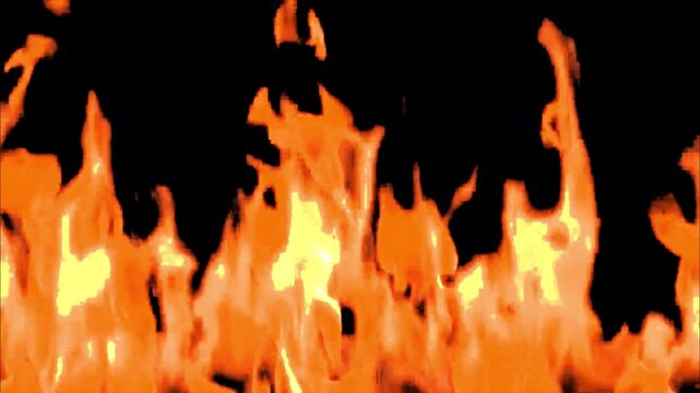 Looping footage of realistic fire flames on a transparent background with alpha channel. Perfect for video editing, visual effects, compositing, movie scenes, trailers, and motion graphics. Bright ora