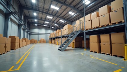 Boxes sit stacked in warehouse shelves with metal stairs. Cardboard boxes ready for delivery. Logistic center with mezzanine architecture demonstrates distribution. Yellow line markings appear on