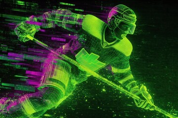 Futuristic Cyberpunk Hockey Player in High-Speed Digital Arena Action