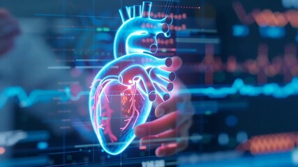 Doctor analyzing a futuristic digital hologram of a human heart. Hand interacting with a 3D model on a screen with medical data. Advanced cardiology and healthcare technology concept. - Powered by Adobe
