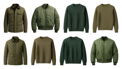 PNG Stylish green jackets sweaters, element set on transparent background