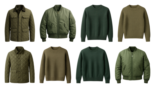PNG Stylish green jackets sweaters, element set on transparent background