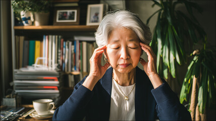 女性が在宅の書斎で熟考し頭を押さえる