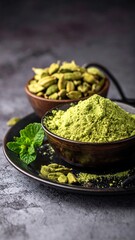 Ground cardamom spice in a bowl, beside whole cardamom pods