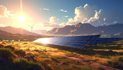 Sunrise over solar farm in a valley with mountains and wind turbines