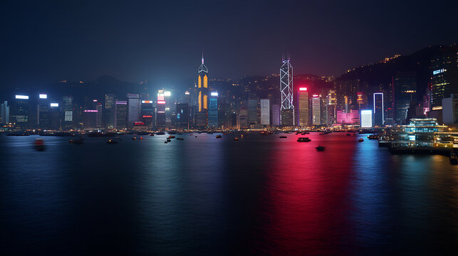 Cityscape at Night: A vibrant urban skyline illuminated against the dark sky, reflected in the serene water below. A mesmerizing spectacle of modern architecture.