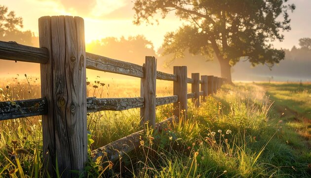 Scenic view of a wooden fence in a meadow at sunrise - Powered by Adobe