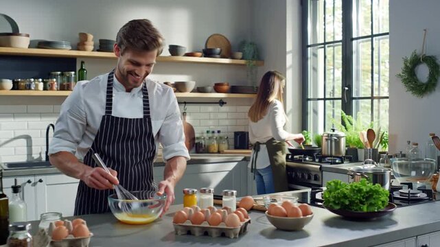 A positive man whisks eggs in a bowl in the kitchen, while his wife cooks in the background