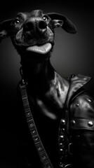 Studio portrait of a dog wearing a leather jacket with confident expression, combining humor, attitude and fine art aesthetic in modern pet portrait photography