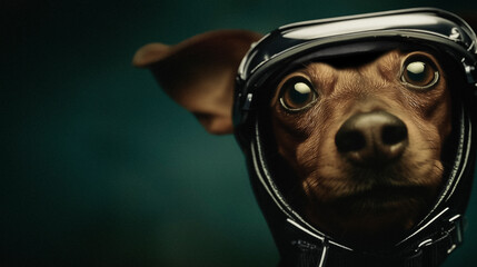 Playful studio portrait of a brown dog wearing a vintage helmet, expressing curiosity and humor through stylish lighting and modern pet photography aesthetics