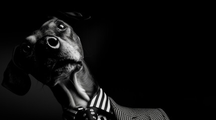Elegant studio portrait of a dog wearing a formal suit and tie, expressing sophistication, humor and irony in contemporary fine art animal portrait photography