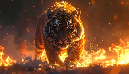 Fiery tiger striding through flames