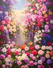Lush floral archway filled with vibrant roses and other flowers, framing a soft sky backdrop