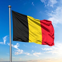 Belgian flag waving against a partly cloudy sky