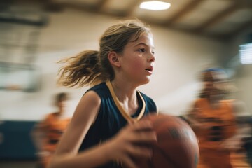 Young girl basketball player running with ball in motion blur indoor game