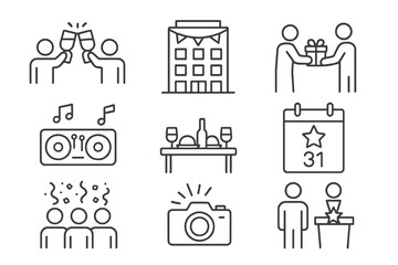Collection of 9 linear icons about office festivities, featuring decorations, toasts, event photography, and company appreciation moments.