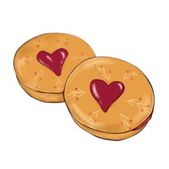 Element from a festive set for Christmas and New Year holidays. Hand drawn two round cookies with jam in the shape of a heart in an artistic style.