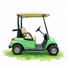 Light green golf cart isolated on white. Vehicle for sport, leisure, and transport. Perfect for design projects needing a touch of whimsy. Watercolor style illustration.