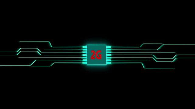 Glowing 2G Chip with Teal Circuit Lines on Black Background technology network