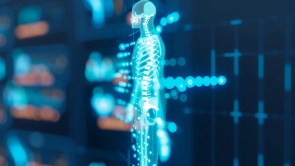 Digital human anatomy and skeleton on a futuristic medical interface. 3D animation of a body scan for scientific research. Healthcare technology concept - Powered by Adobe