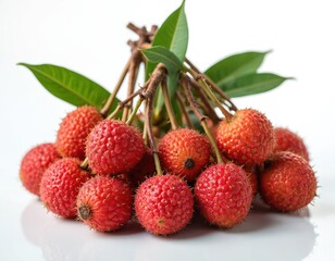 Bunch of fresh lychee fruits with green leaves. Ripe red lychees isolated on white background. Tropical fruit closeup. Healthy food with vitamins. Nature concept for design.