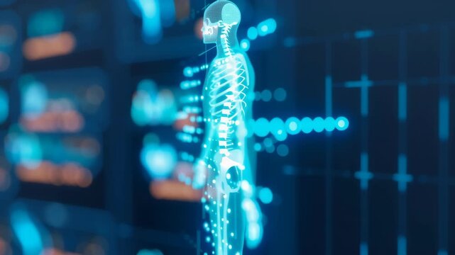 Digital human anatomy and skeleton on a futuristic medical interface. 3D animation of a body scan for scientific research. Healthcare technology concept - Powered by Adobe