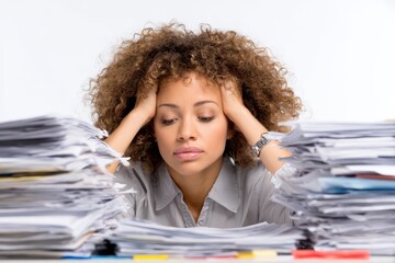 Overwhelmed Woman with Stack of Paperwork Looking Stressed