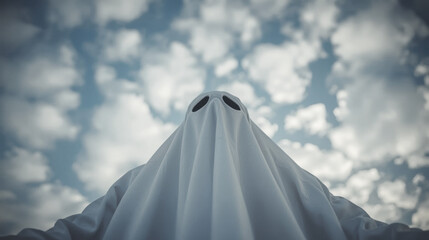 Ghostly figure draped in white fabric stands against a cloudy sky, evoking a haunting atmosphere, perfect for Halloween celebrations and spooky themed events with a sense of mystery