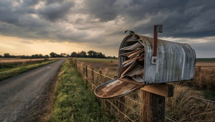 Rustic mailbox overflowing with mail on a rural road under a cloudy sky