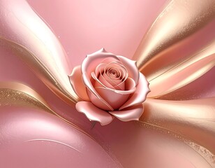 Pink rose, golden ribbons, elegant design
