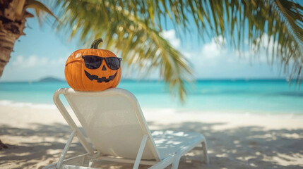Obraz premium Pumpkin wearing sunglasses resting on a beach lounge chair under palm trees, with a vibrant ocean backdrop, creating a fun and festive Halloween celebration atmosphere in a tropical setting
