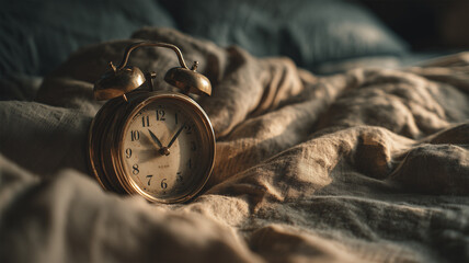 寝室の布団に置かれた古い目覚まし時計
