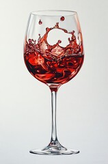 A realistic painting depicting a red wine glass with red liquid splashing against a white background